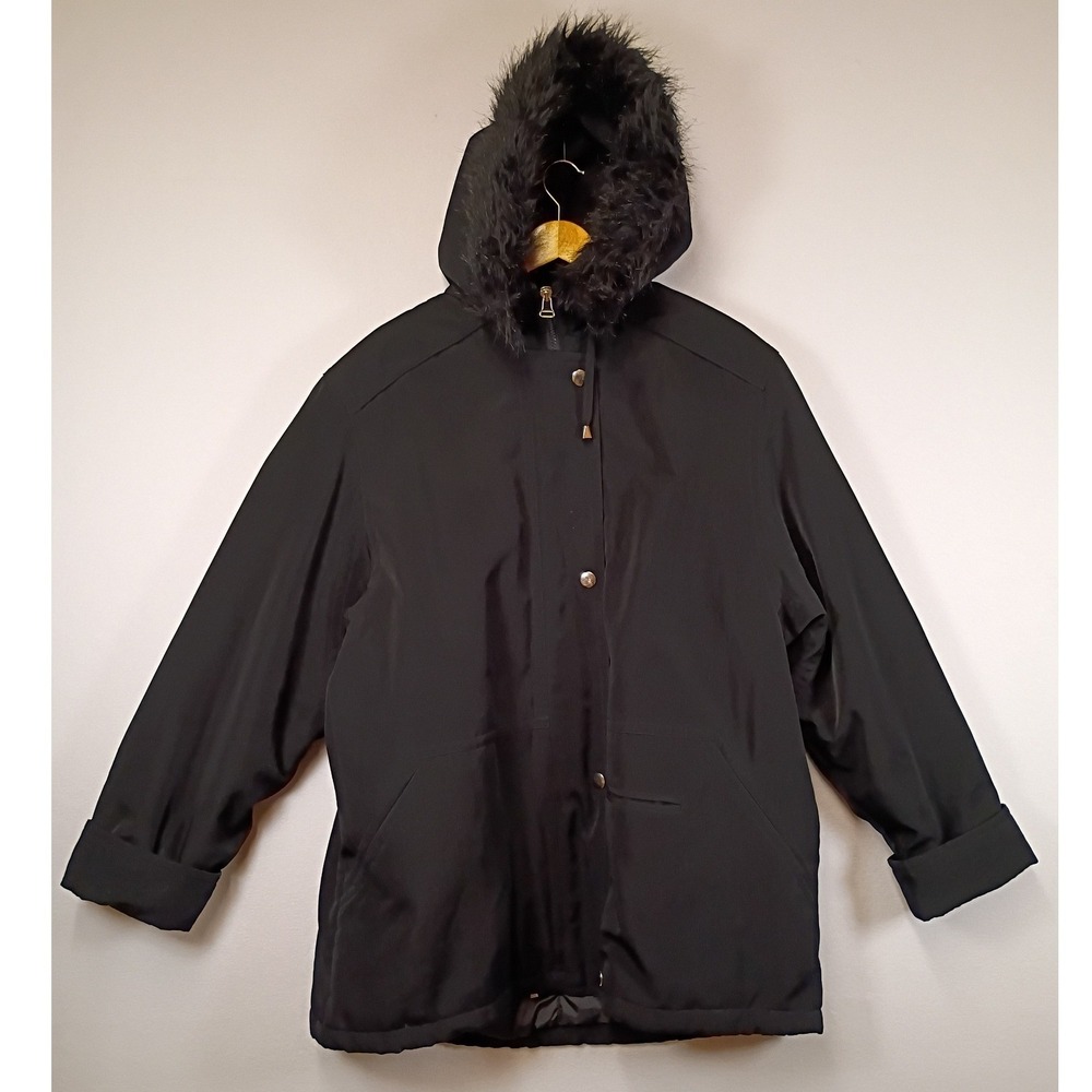 Classic London Harbor Fleet Street Ltd Women XL Black Faux Fur Hood Parka Jacket